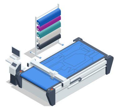 Isometric Kesme Makinesi. Tekstil endüstrisi. Otomatik elektrik kesme, demiryolu montajlı, ucu kesik. Endüstriyel dikiş makinesi