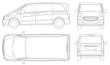 Ön, arka, yan, üst elektirikli Minivan Premium Touches, beyaz arkaplanda araba vektör şablonu. Çok amaçlı araç, SUV, 5 kapılı minivan. Araç hattı.