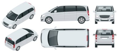 Premium Touches 'lı elektrikli minivan, arka planda Yolcu Van Car vektör şablonu. Çok amaçlı araç, taşıyıcı, jip, 5 kapılı minivan. İzometrik görünüm, ön, arka, yan, üst.