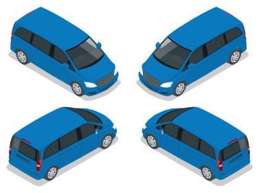 Premium Touches, Yolcu Minivan, beyaz arka planda çok amaçlı araç vektör şablonu. Kompakt geçiş, SUV, 5 kapılı minivan. İzometrik görüntüle