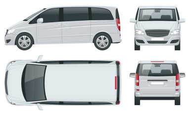 Beyaz zemin üzerinde Premium Touches, Yolcu Minivan veya Minivan Car şablonu olan elektrikli minivan. MPV, SUV, 5 kapılı minivan. Öne, arkaya, yana, üste bak.