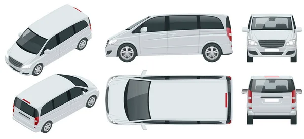 Elektrischer Minivan mit Premium Touch, PKW-Vektorvorlage im Hintergrund. Mehrzweckfahrzeug, Mannschaftstransportwagen, SUV, fünftüriger Minivan. Ansicht isometrisch, vorne, hinten, seitlich, oben. — Stockvektor