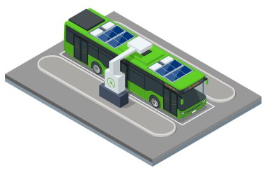 Isometric bir elektrikli otobüs, elektrikle çalışan bir otobüs. Ekolojik toplu taşıma
