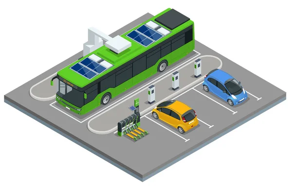 Isométrico Un autobús eléctrico, un autobús que es alimentado por la electricidad. Transporte público ecológico — Vector de stock