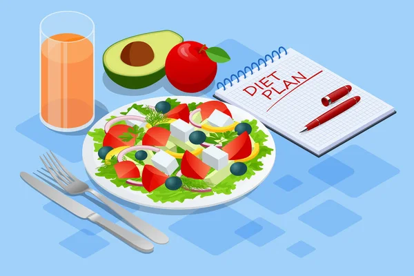 Isometric diyet programları, diyet planı konsepti. Beslenme diyeti, kilo yönetimi diyeti, bireysel diyet hizmeti kavramı. Kilo kontrolü için sağlıklı beslenme. — Stok Vektör