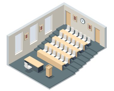 Isometric konferans salonu, konferans salonu. Boş büyük bir konferans odası ya da beyaz sandalyeli üniversite sınıfı..