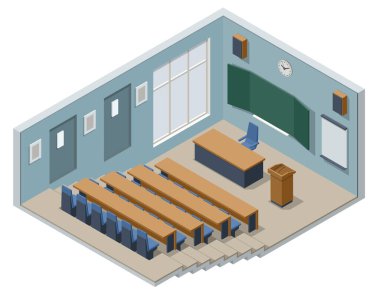 Isometric konferans salonu, konferans salonu. Boş büyük bir konferans odası ya da beyaz sandalyeli üniversite sınıfı..