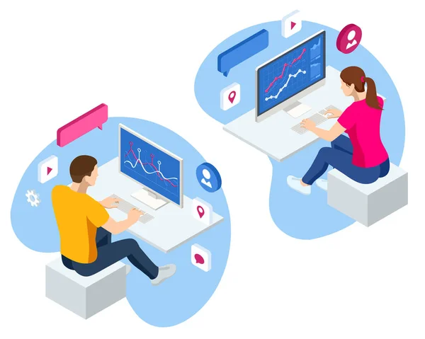 가상 화면에서 Isometric Business data analytics 프로세스 관리는 판매 및 운영 데이터 통계 차트와 주요 성능 지표 개념을 보여준다. 컴퓨터로 일하는 사업가 — 스톡 벡터