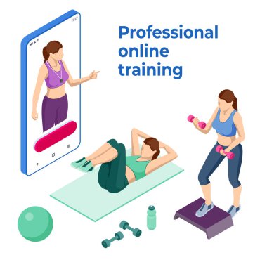 Isometric online fitness ve akıllı telefon eğitimi. Kişisel antrenörle uzak eğitim. Spor giyim bölümünde formda genç bir kadın spor egzersizleriyle çevrimiçi video izliyor..