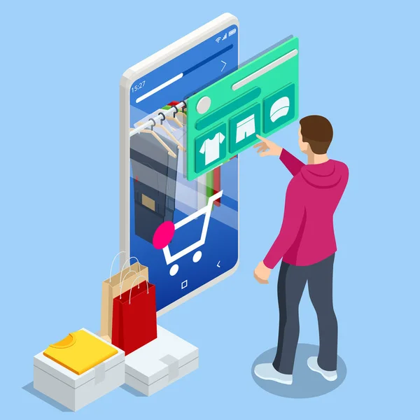 Isometrische Smart phone online winkelen, kleding winkel concept. Online winkelen e-commerce. Moderne shopping app op smartphone. Kleding kopen op website of app. — Stockvector