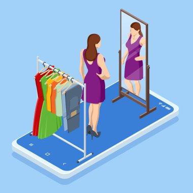 Isometric Smart telefon online alışveriş, giyim mağazası konsepti. Çevrimiçi alışveriş e-ticaret. Akıllı telefondan modern alışveriş uygulaması. Web sitesinden ya da uygulamadan kıyafet satın almak.