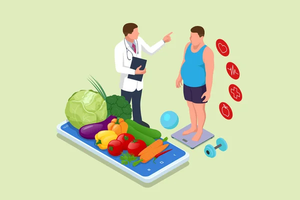 Isométrico Comida saludable y concepto de planificación de la dieta. Consulta médica para un paciente con sobrepeso. Riesgo de salud, obesidad. Recomendaciones del doctor. Deporte. — Vector de stock