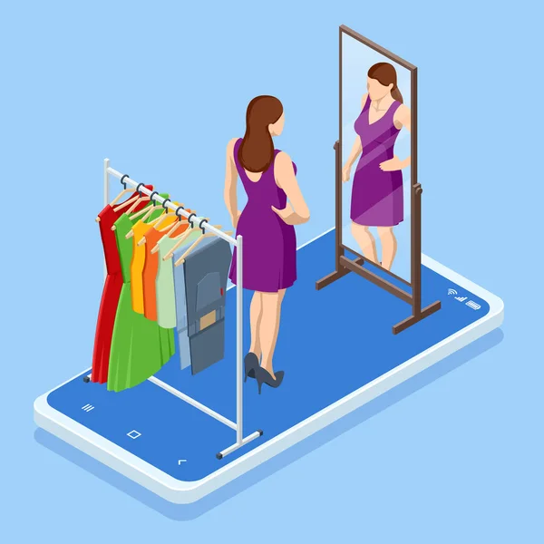 Isometrica Smart phone shopping online, concetto di negozio di abbigliamento. Shopping online e-commerce. Moderna app per lo shopping su smartphone. Comprare vestiti sul sito web o app. — Vettoriale Stock