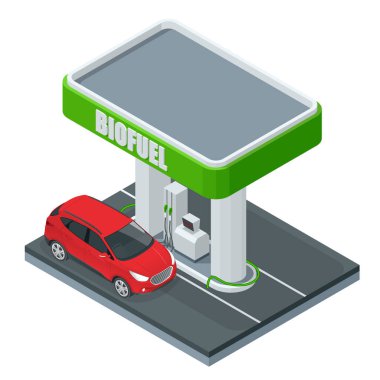 Isometric Biyoyakıt. Yakıt pompası olan yeşil parlak benzin istasyonu pompası. Yeşil enerji. Dünyayı, ekolojiyi, alternatif enerjiyi koru.