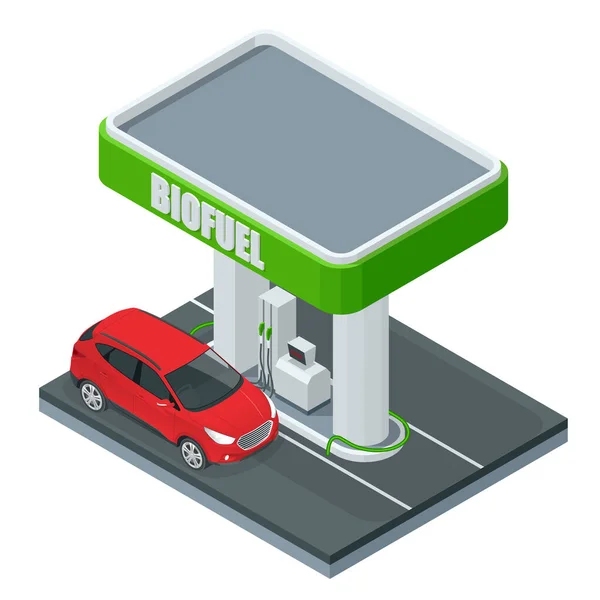 Biocarburante isometrico. Pompa di rifornimento luminosa verde con ugello di carburante della pompa di benzina. Energia verde. Salvare la terra, l'ecologia, le energie alternative. — Vettoriale Stock