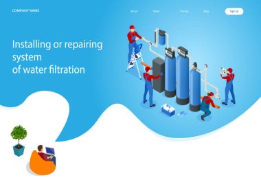 Isometric installing or repairing system of water filtration at home concept. Fix purification osmosis system. Drinking water. Sanitary work. Engineering networks in the house. clipart