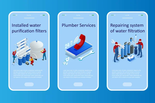 Isometric installing or repairing system of water filtration at home concept. Fix purification osmosis system. Drinking water. Sanitary work. Engineering networks in the house. — Stock Vector