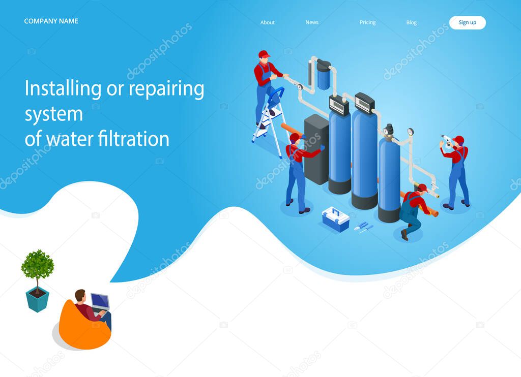 Isometric installing or repairing system of water filtration at home concept. Fix purification osmosis system. Drinking water. Sanitary work. Engineering networks in the house.