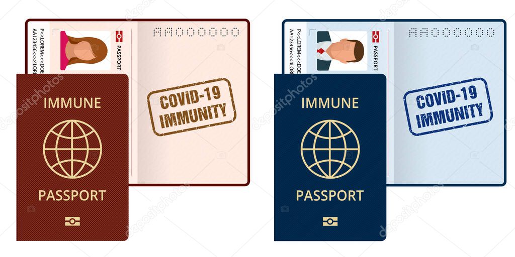 COVID-19 Immunity Passport, immunity certificate, vaccination certificate. International passport with sample personal data page.