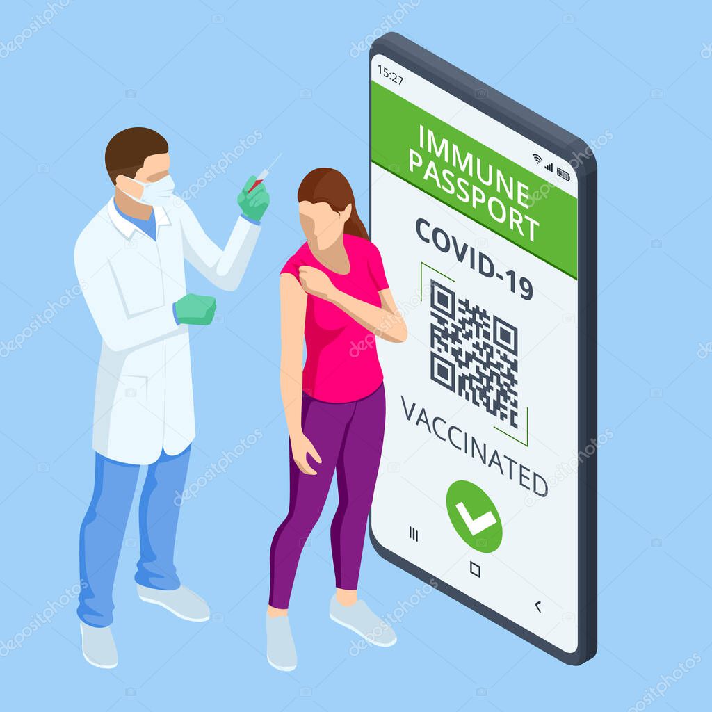 Isometric Mobile phone with immune digital health passport for covid-19. COVID-19 Immunity Passport, immunity certificate, vaccination certificate.