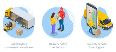 Isometric Lojistik ve Teslimat Bilgileri. Eve ve ofise teslimat. Şehir lojistiği. Çevrimiçi Ekspres, Ücretsiz, Hızlı Teslimat, Nakliye.