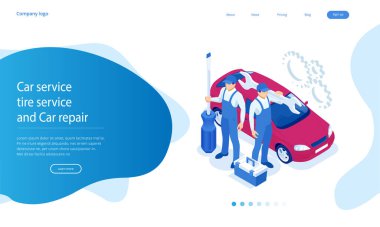 Isometric Otomobil Tamir Merkezi. Araba Tamir İstasyonu. Çevrimiçi yol yardımı.