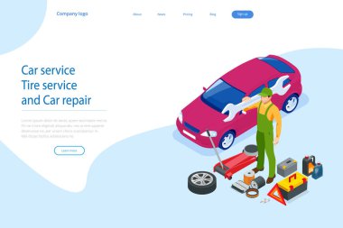 Isometric Otomobil Tamir Merkezi. Araba Tamir İstasyonu. Çevrimiçi yol yardımı.