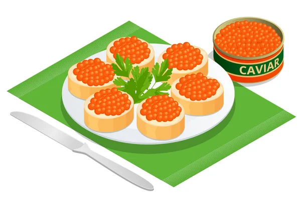 Isometric Salmon Red Caviar. Rye bread with butter and red caviar with lemon and dill as a sandwich. Raw seafood. Luxury delicacy food — Stock Vector