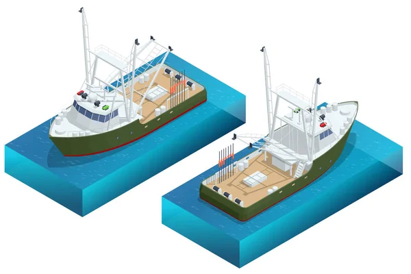 Isometrisk sjöfart skaldjur industri båt isolerad på vit bakgrund. Havsfiske, fartygsindustri, fiskebåt. Fiskebåt, fiskefartyg — Stock vektor