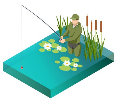 Fisherman with a fishing rod. Isometric fisherman with a fishing rod is fishing on a lake or river. Fisherman stands in the water with a fishing rod and watching at float in lake.