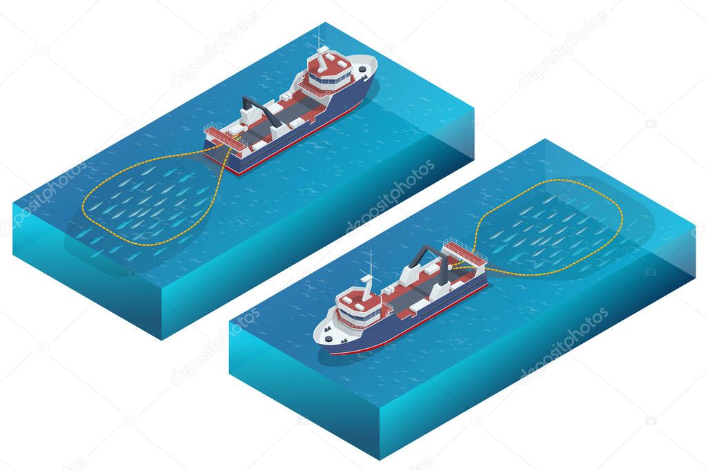 Isometric shipping seafood industry boat isolated on white background. Fishing commercial ships, fisher sea boat Sea fishing, ship marine industry, fish boat. Fishing boat, fishing vessel.