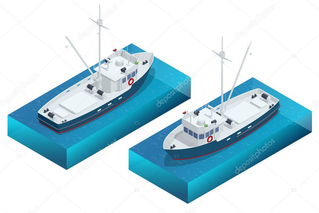 Isometric shipping seafood industry boat or Fishing schooner isolated on white background. Sea fishing, ship marine industry, fish boat. Fishing boat, fishing vessel.