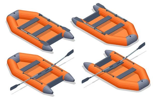 Isometric set icons of orange rubber inflatable boat. Inflatable rubber boat for recreation and travel on the water