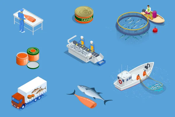 Isometric Fish industry seafood concept. Commercial fishing. Sea fishing, ship marine industry, fish boat. — Stock Vector