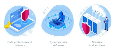 Isometric Online bilgi koruması, internet dijital teknolojisi. İsimsiz bir hackerdan dijital suç. Güvenlik ve antivirüs