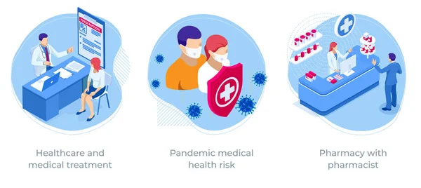 Isometrisk hälso- och sjukvård, pandemisk medicinsk hälsorisk, farmaci med apotekspersonal — Stock vektor