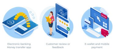 Isometric Electronic Bankacılık Para transferi uygulaması, Müşteri denetimi veya geri bildirim, E-cüzdan ve cep telefonu ödemesi. Çevrimiçi bankacılık sistemi. Cep telefonu ödemesi. Akıllı telefon genel işlemleri.