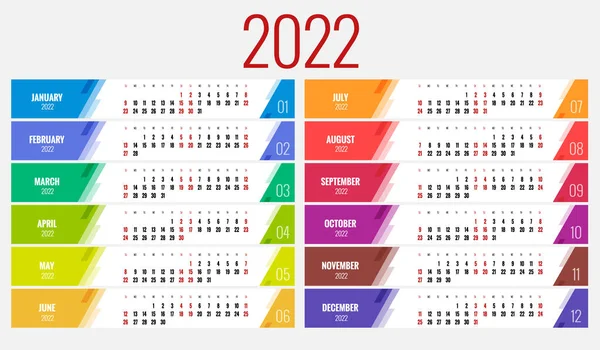 Планувальник календарів на 2022 рік. Шаблон календаря для 2022 року. Дизайн канцелярського приладдя Друкувати шаблон з місцем для фотографії, вашим логотипом та текстом. Корпоративний та діловий горизонтальний календар . — стоковий вектор