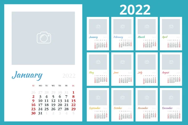 Planificador de calendario para 2022. Plantilla de calendario para 2022. Plantilla de impresión de diseño de papelería con lugar para la foto, su logotipo y texto. Calendario horizontal corporativo y empresarial. — Vector de stock