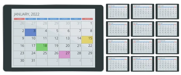 Calendário planejador para 2022. Modelo de calendário para 2022. Modelo de impressão de design de papelaria com lugar para foto, seu logotipo e texto. Calendário horizontal corporativo e empresarial. — Vetor de Stock