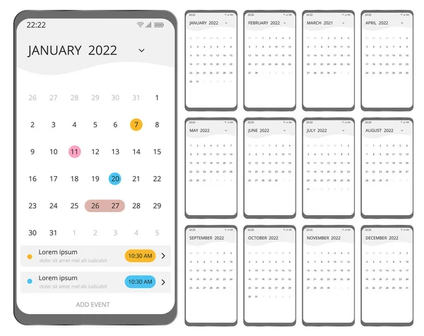 Kalenderplanner voor 2022. Kalender template voor 2022. Stationery Design Print Template met plaats voor foto, logo en tekst. Verticale bedrijfs- en bedrijfsagenda. — Stockvector