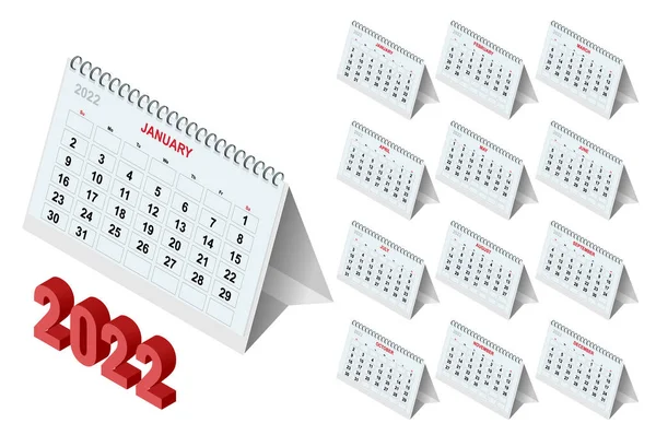 Calendário planejador para 2022. Modelo de calendário isométrico para 2022. Modelo de impressão de design de papelaria com lugar para foto, seu logotipo e texto. Calendário empresarial e empresarial. — Vetor de Stock