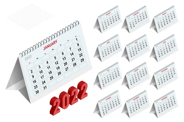 2022年カレンダープランナー。2022年のアイソメトリックカレンダーテンプレート。文房具デザイン｜写真のための場所と印刷テンプレート、あなたのロゴとテキスト。会社及び事業のカレンダー. — ストックベクタ