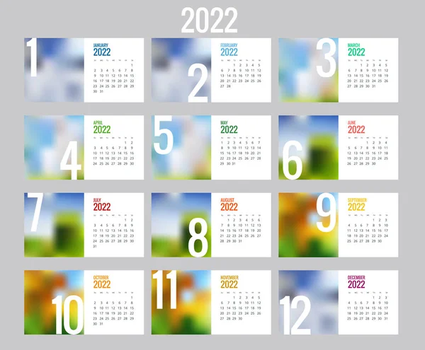 Планувальник календарів на 2022 рік. Шаблон календаря для 2022 року. Дизайн канцелярського приладдя Друкувати шаблон з місцем для фотографії, вашим логотипом та текстом. Корпоративний та бізнес календар . — стоковий вектор