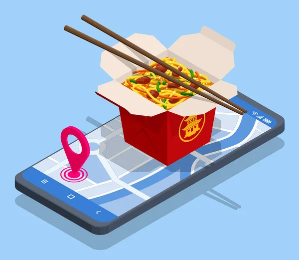 Isometric Online Delivery Food Stir-fried Noodles, Chow Mein, Chinese Cuisine. ( 영어 ) Asian Noodle Box appear from Smartphone. — 스톡 벡터