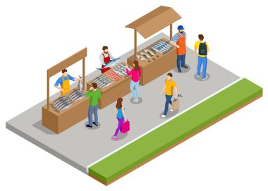 Isometric Taze Balık ve Deniz Ürünleri Satışı. Taze Markette Taze Balık veya Süpermarkette Soğutulmuş Balık Taze. Deniz levreği ve taze balık.