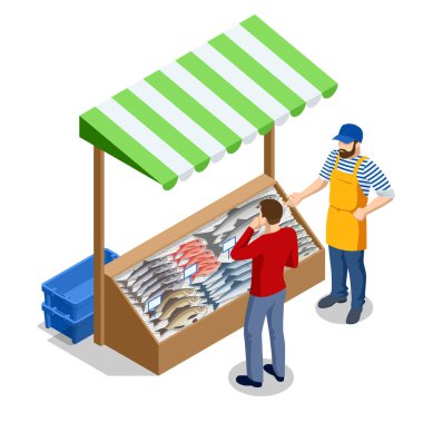 Isometric Taze Balık ve Deniz Ürünleri Satışı. Fresh Market 'te taze balık ya da soğutulmuş taze balık. Deniz levreği ve taze balık.