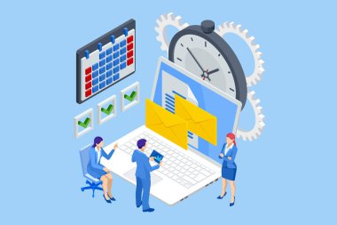 Isometric zaman yönetimi konsepti. Eğitim faaliyetleri planlama, kontrol noktaları. Etkinlik yönetimi, işletme yönetimi, e-ticaret, zaman yönetimi.