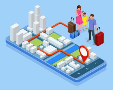 Şehir uygulaması, seyahat eden bir sırt çantası. İzometrik GPS navigasyon konsepti. Turist akıllı telefonunu kullanarak seyahat ediyor ve daha önce kaydedilmiş favori yerleri haritada.
