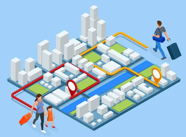 Aplicación de la ciudad, mochilero viajero. Concepto de navegación GPS isométrico. Turista viajando con su smartphone con lugares favoritos previamente guardados en el mapa. — Vector de stock